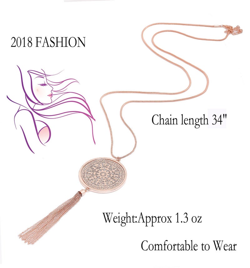 MOLOCH Long Necklaces For Woman Disk Circle Pendant Necklaces Tassel Fringe Necklace Set Statement Pendant (rose gold) - Image 4